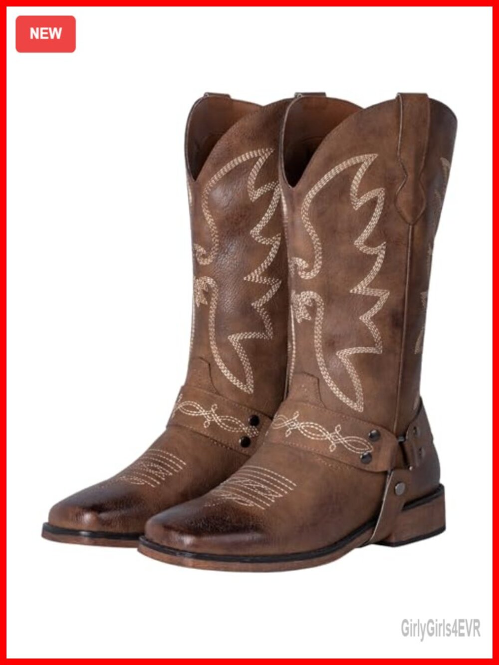 Women's Square Toe Cowgirl Boots Mid-Calf Faux Leather Western